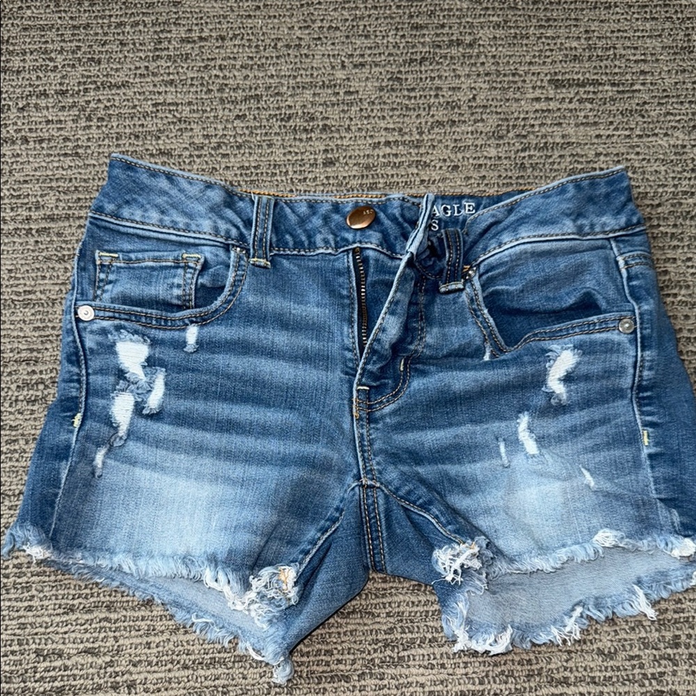 American Eagle Outfitters Blue Distressed Midi Jean Shorts